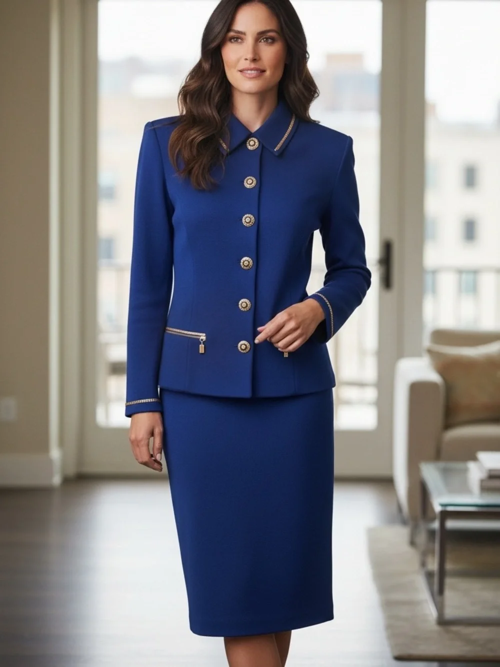 90s ST JOHN COLLECTION MARIE GRAY ROYAL BLUE SANTANA KNIT SKIRT SUIT SZ 12
